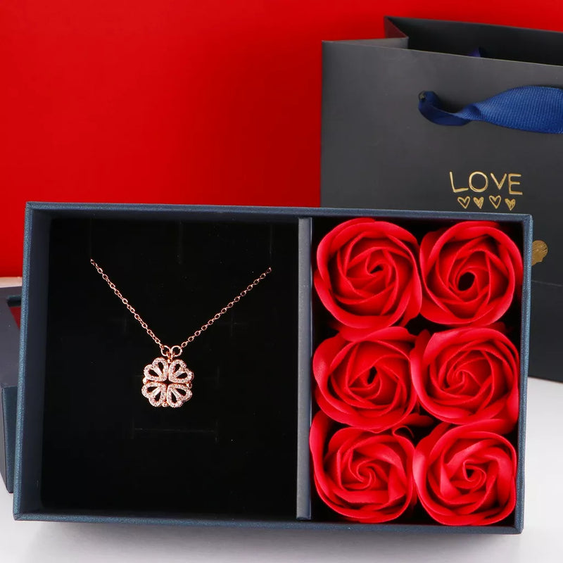Luxury Women Necklace With Artificial Flower Box Four Leaves Pendant For Girlfriend Wife Valentine's Day Gift