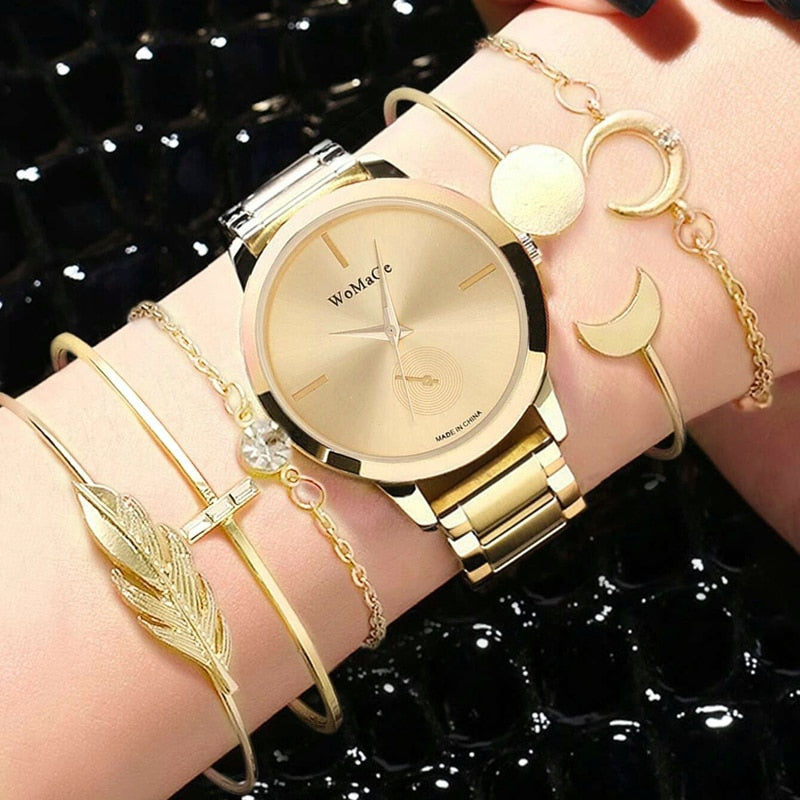 Relógio Luxury Womage de Quartz + 5 Pulseiras Grátis