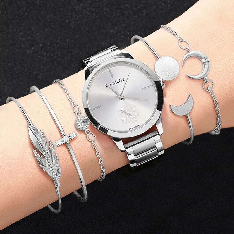 Relógio Luxury Womage de Quartz + 5 Pulseiras Grátis